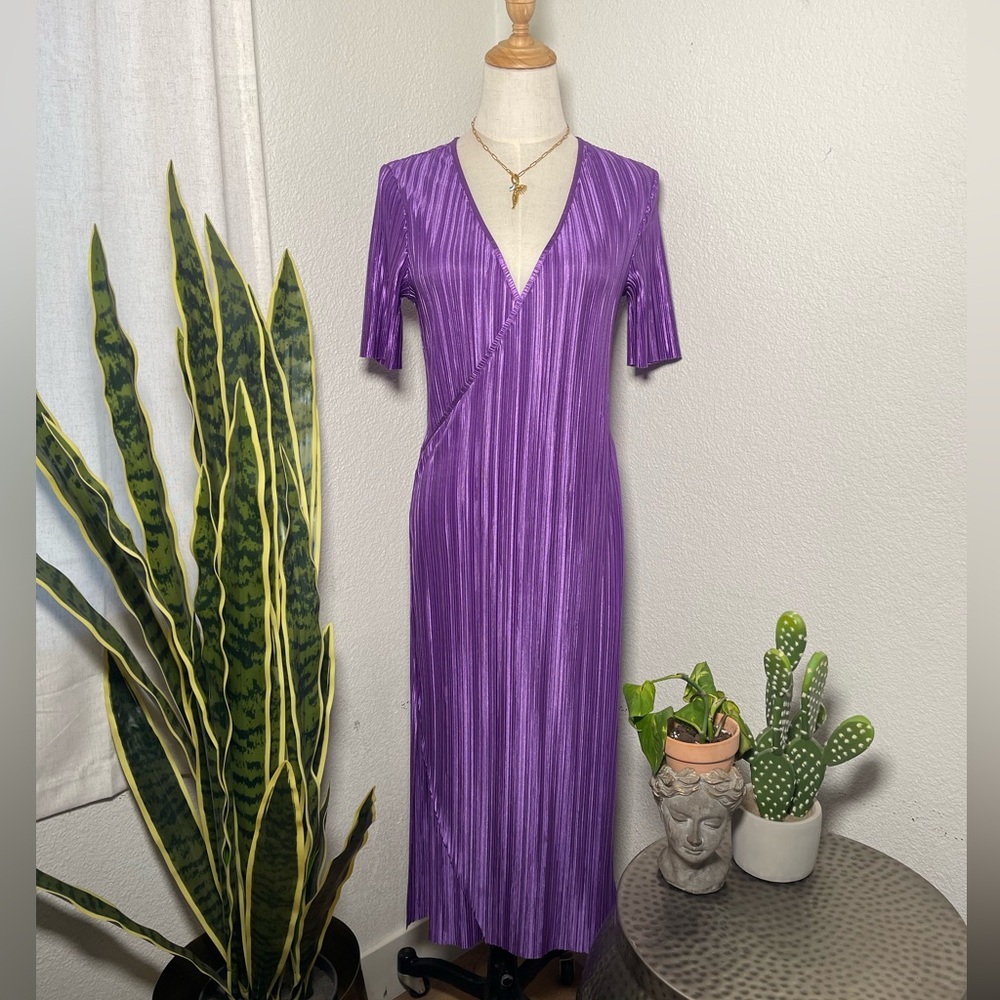 ASOS Design Purple Plisse Wrap Midi Dress Size 0 Stretch Short Sleeve